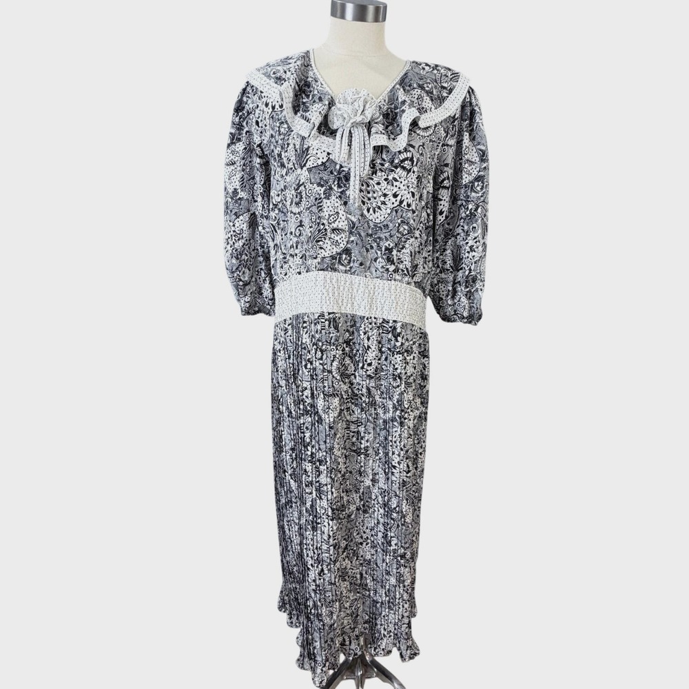 Vintage Diane Freis Georgette Paisley Polka Dot Midi Dress Black White 80s‎